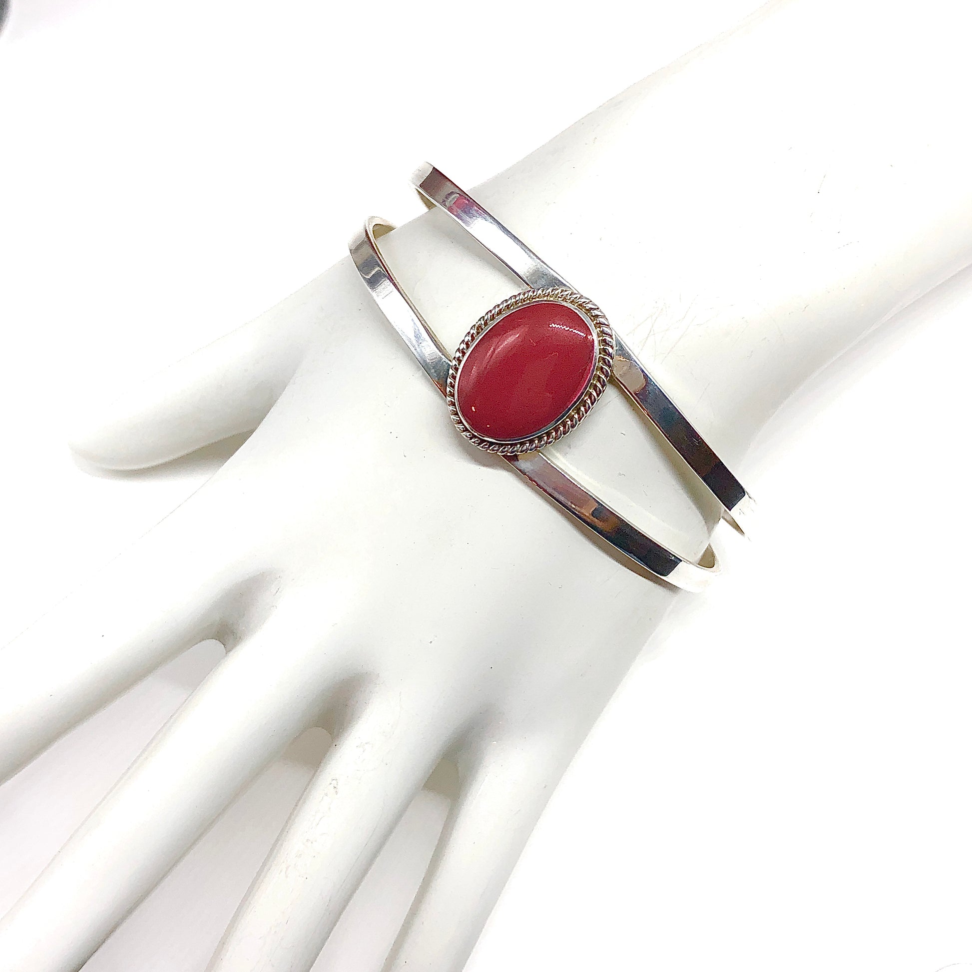 Chic Boho Bling Red Stone Sterling Silver Cuff Bracelet