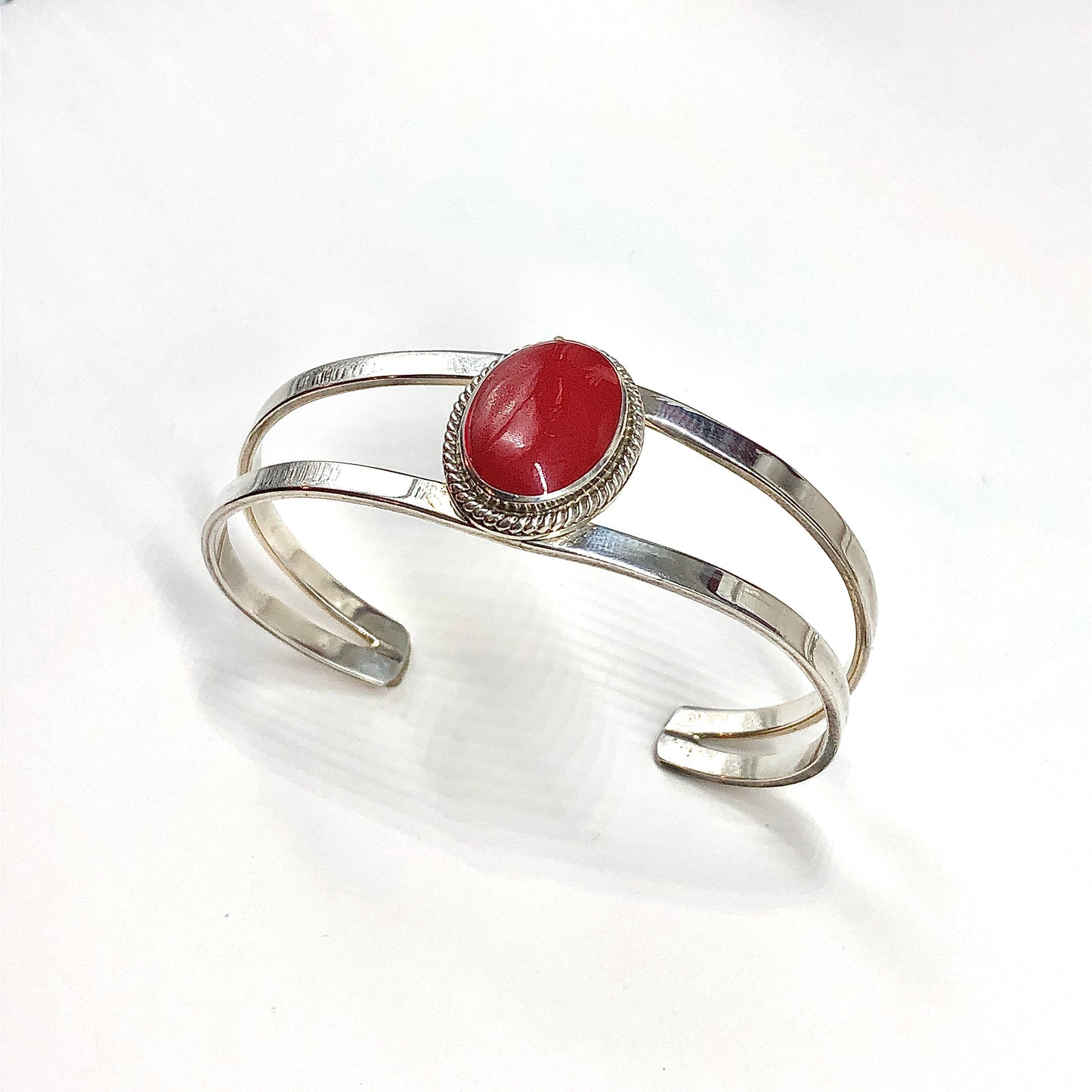 Mexico Made Jewelry - Deep Primary Red Stone Sterling Silver Cuff Bracelet