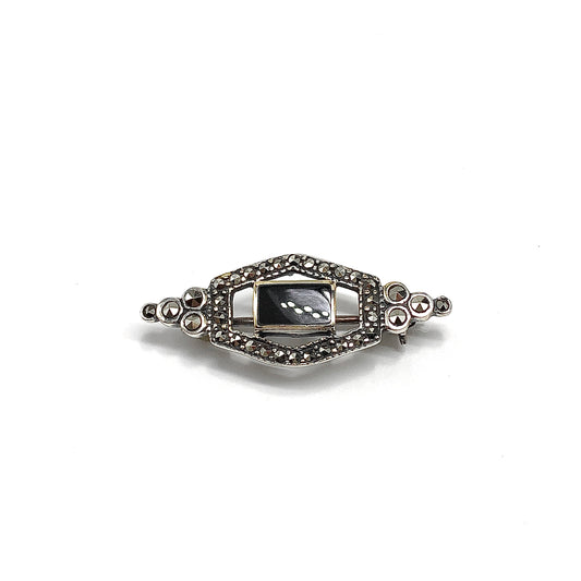 Vintage Marcasite Black Onyx Diamond Design Brooch Lapel Pin