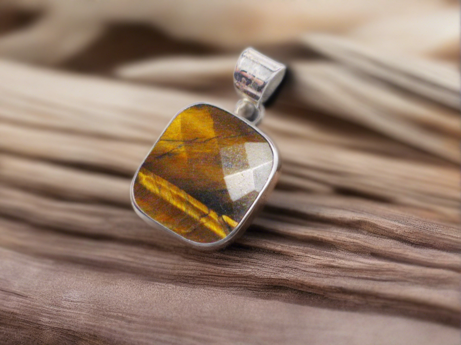 Blingschlingers - Sterling Silver Pendant, Mens Womens Square Checkerboard cut Golden Amber Tigers Eye Stone Pendant - Estate Jewelry