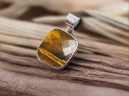 Blingschlingers - Sterling Silver Pendant, Mens Womens Square Checkerboard cut Golden Amber Tigers Eye Stone Pendant - Estate Jewelry