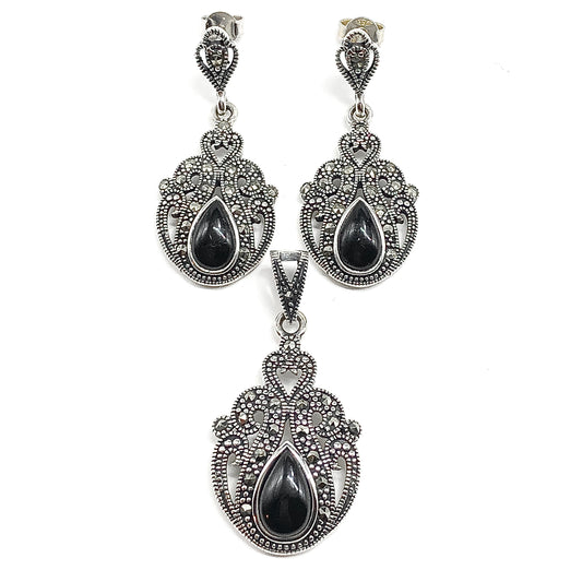 Teardrop Style Marcasite Sterling Silver Earrings + Pendant set