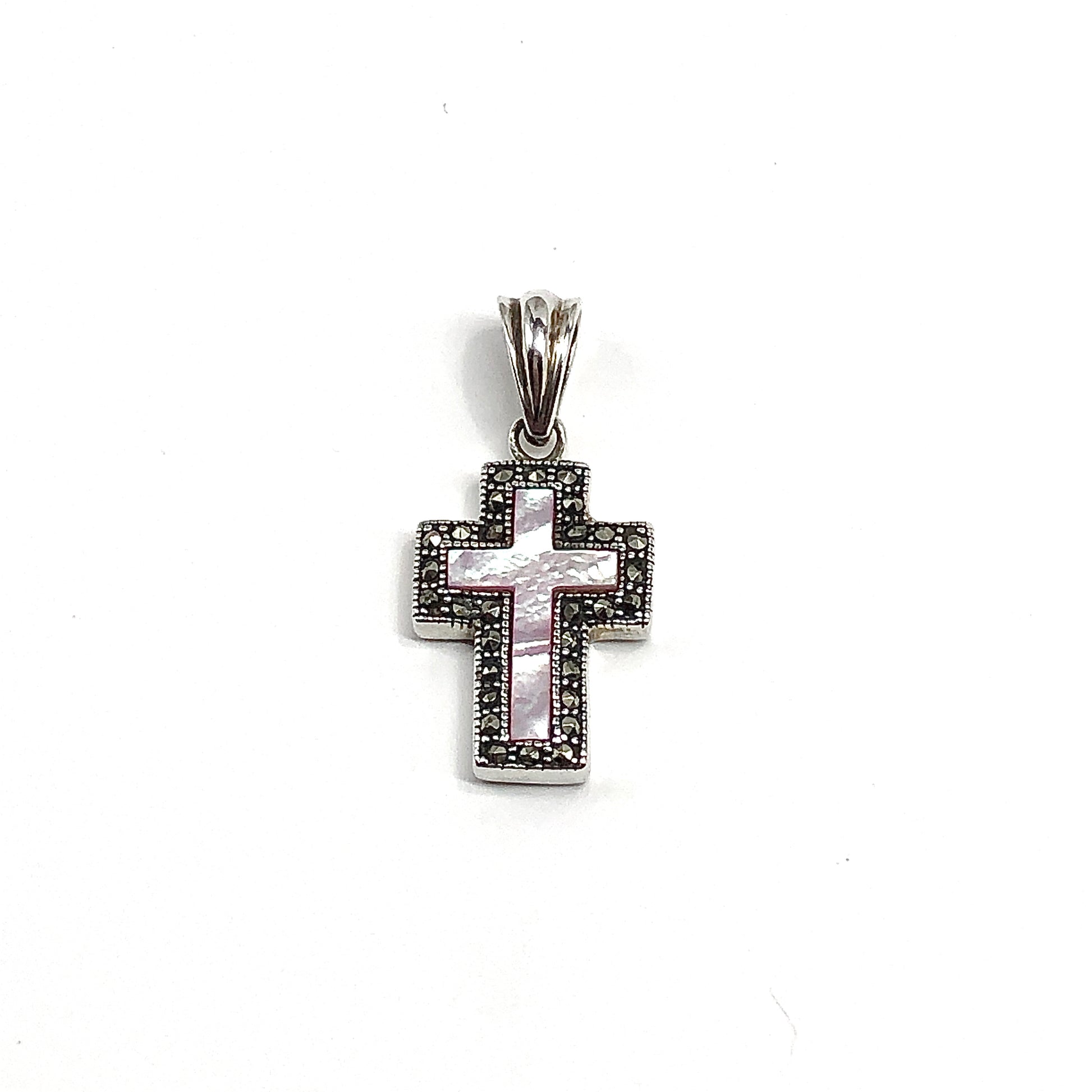 Modern Block Style Marcasite Sterling Silver Pink Pearl Cross Pendant