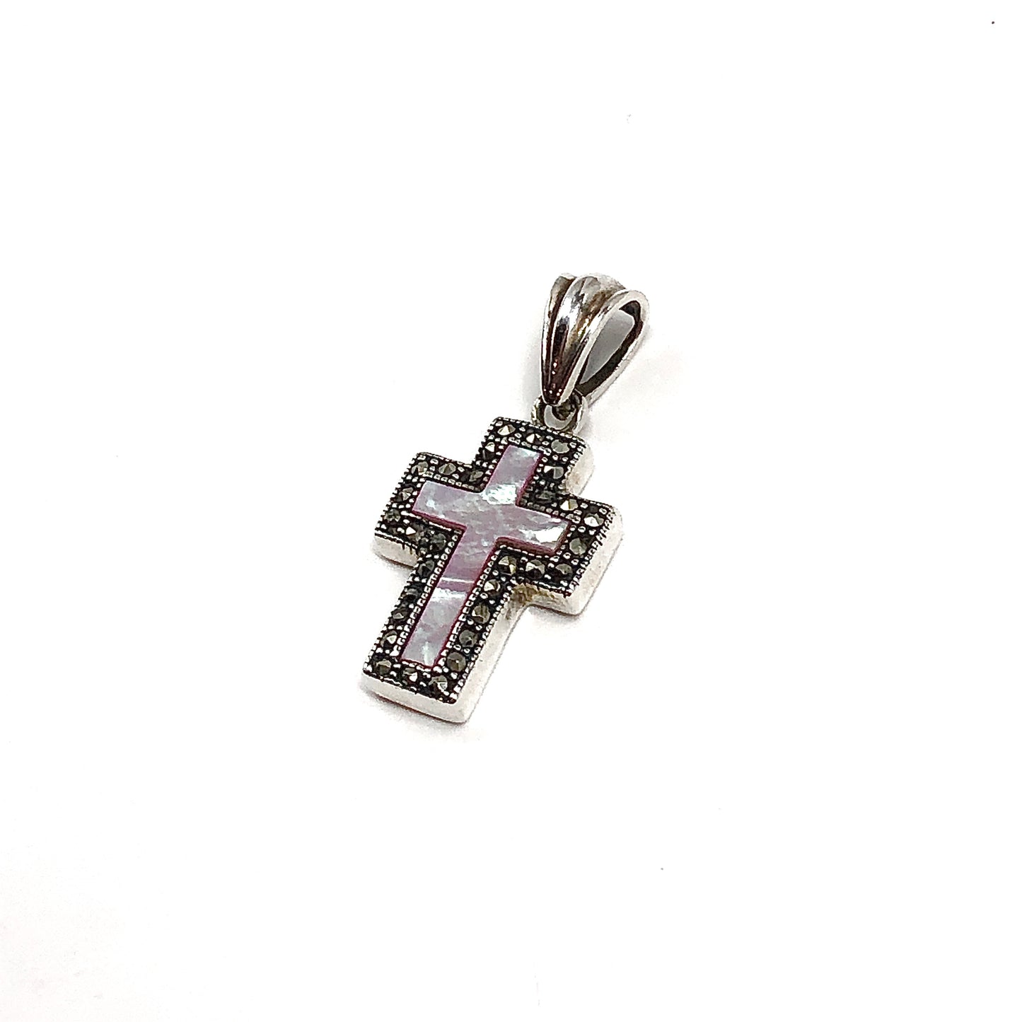 Modernist Marcasite Sterling Silver Pink Pearl Cross Pendant