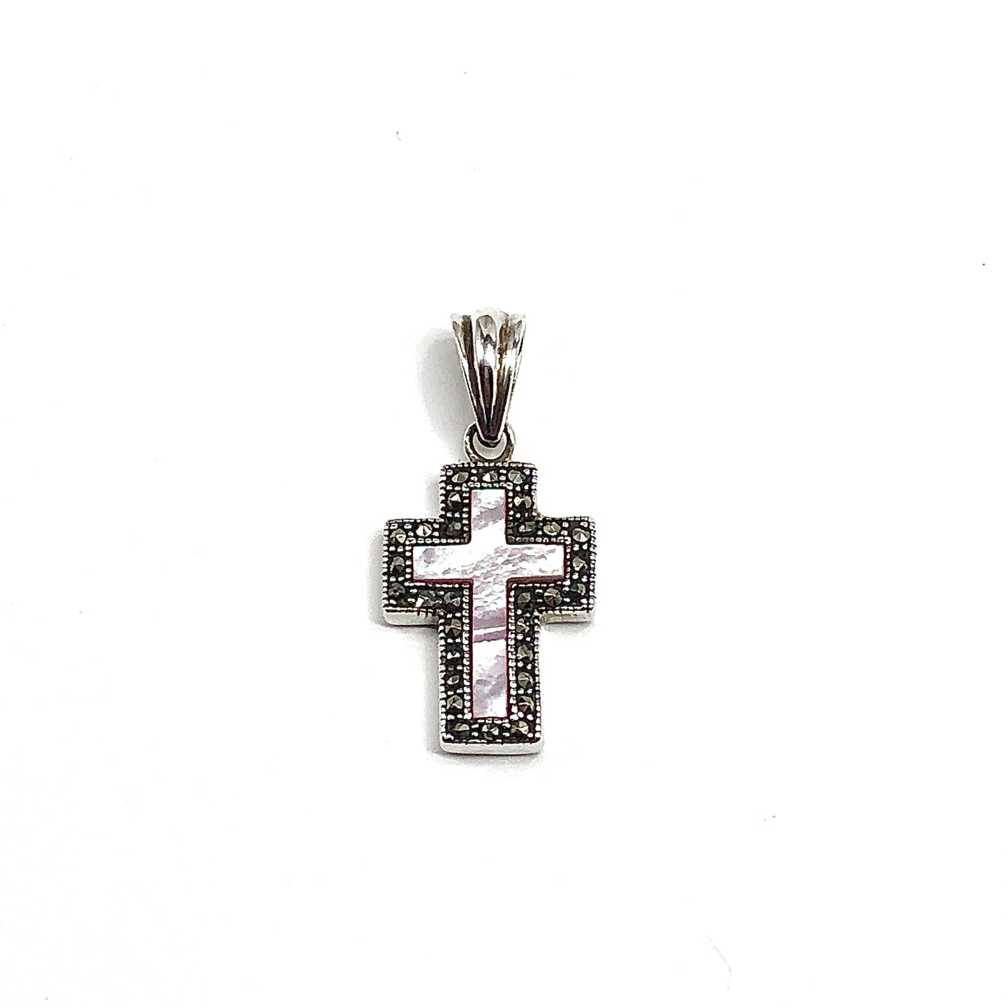 Blingschlingers - Marcasite Sterling Silver Pink Pearl Cross Pendant