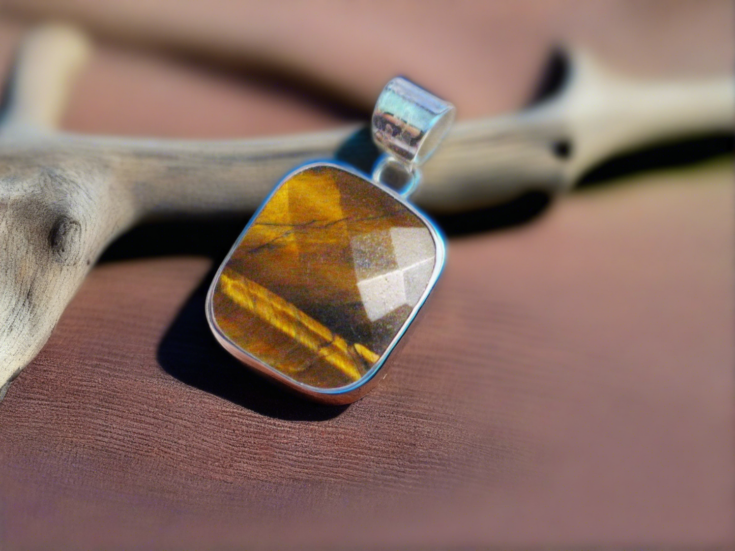 Sterling Silver Pendant, Mens Womens Square Checkerboard cut Golden Amber Tigers Eye Stone Pendant - Outfit Ideas