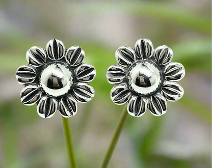 Vintage Doming Sunflower Design Sterling Silver Earrings