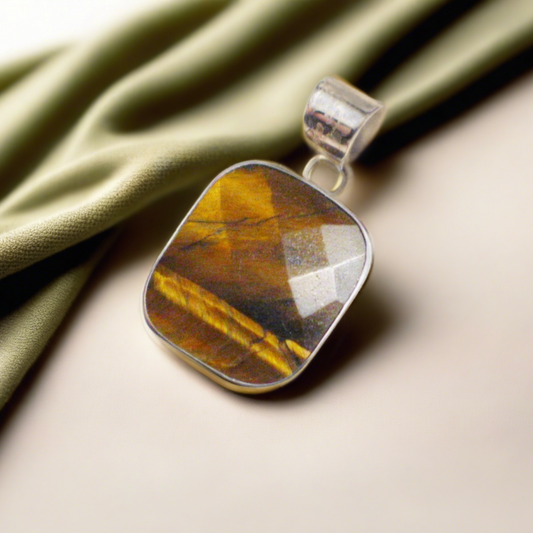 Blingschlingers - Sterling Silver Pendant, Mens Womens Square Checkerboard cut Golden Amber Tigers Eye Stone Pendant - Estate Jewelry