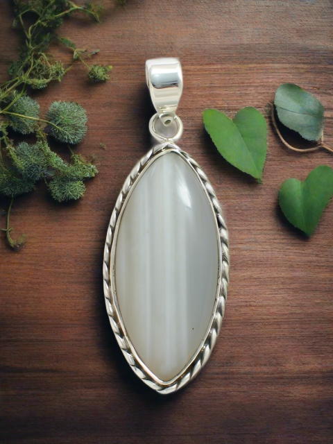 Shades of Gray Banded Agate Stone Sterling Silver Pendant
