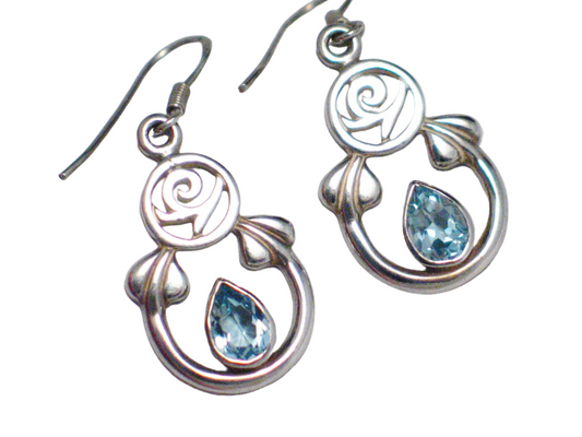 Sterling Silver Dangle Earrings, Horseshoe Hoop Rose Design Blue Topaz Gemstone