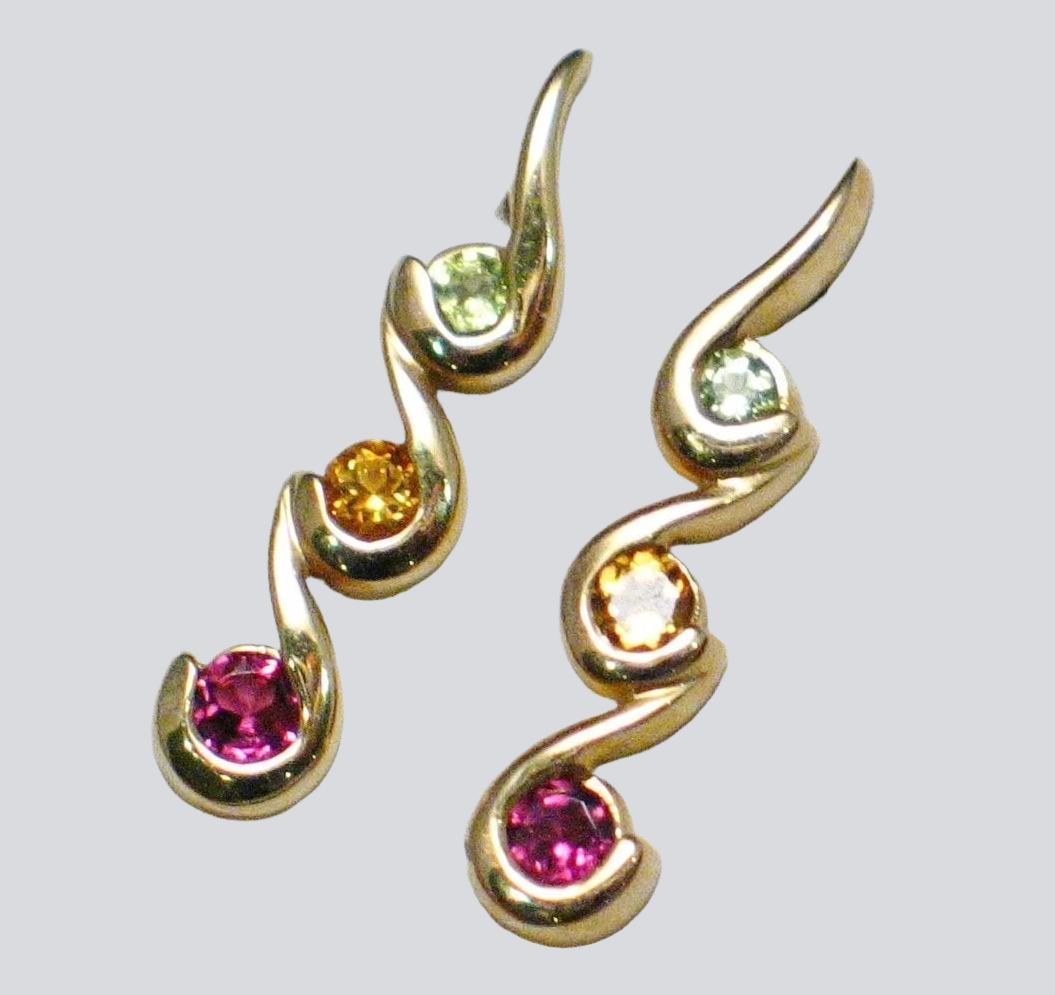 14k Gold Earrings, Beautiful Garnet Peridot Citrine Multi Gemstone Drop Earrings