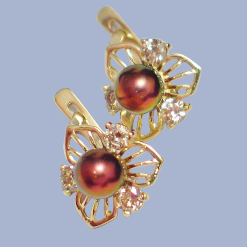 14k Gold Pearl Earrings, Estate Jewelry Flower Design Chocolate Pearl Champagne Diamond Earrings