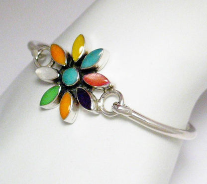 Bangle Bracelet, Sterling Silver Colorful Starburst Flower Design Bangle Bracelet