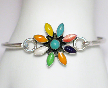 Bangle Bracelet, Sterling Silver Colorful Starburst Flower Design Bangle Bracelet