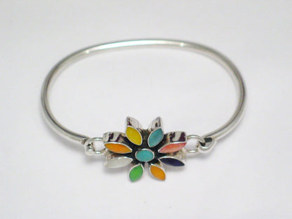 Bangle Bracelet, Sterling Silver Colorful Starburst Flower Design Bangle Bracelet