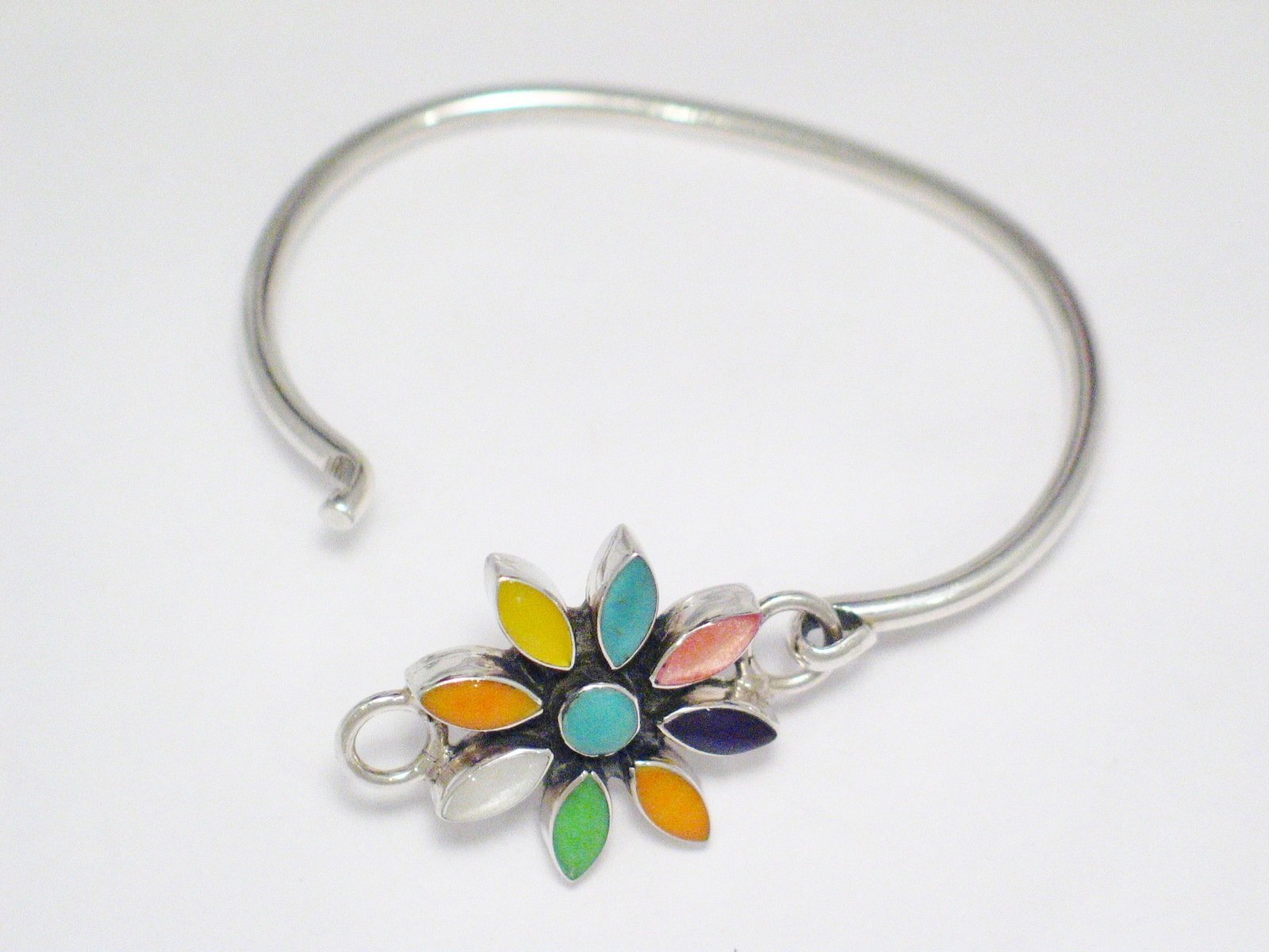 Bangle Bracelet, Sterling Silver Colorful Starburst Flower Design Bangle Bracelet