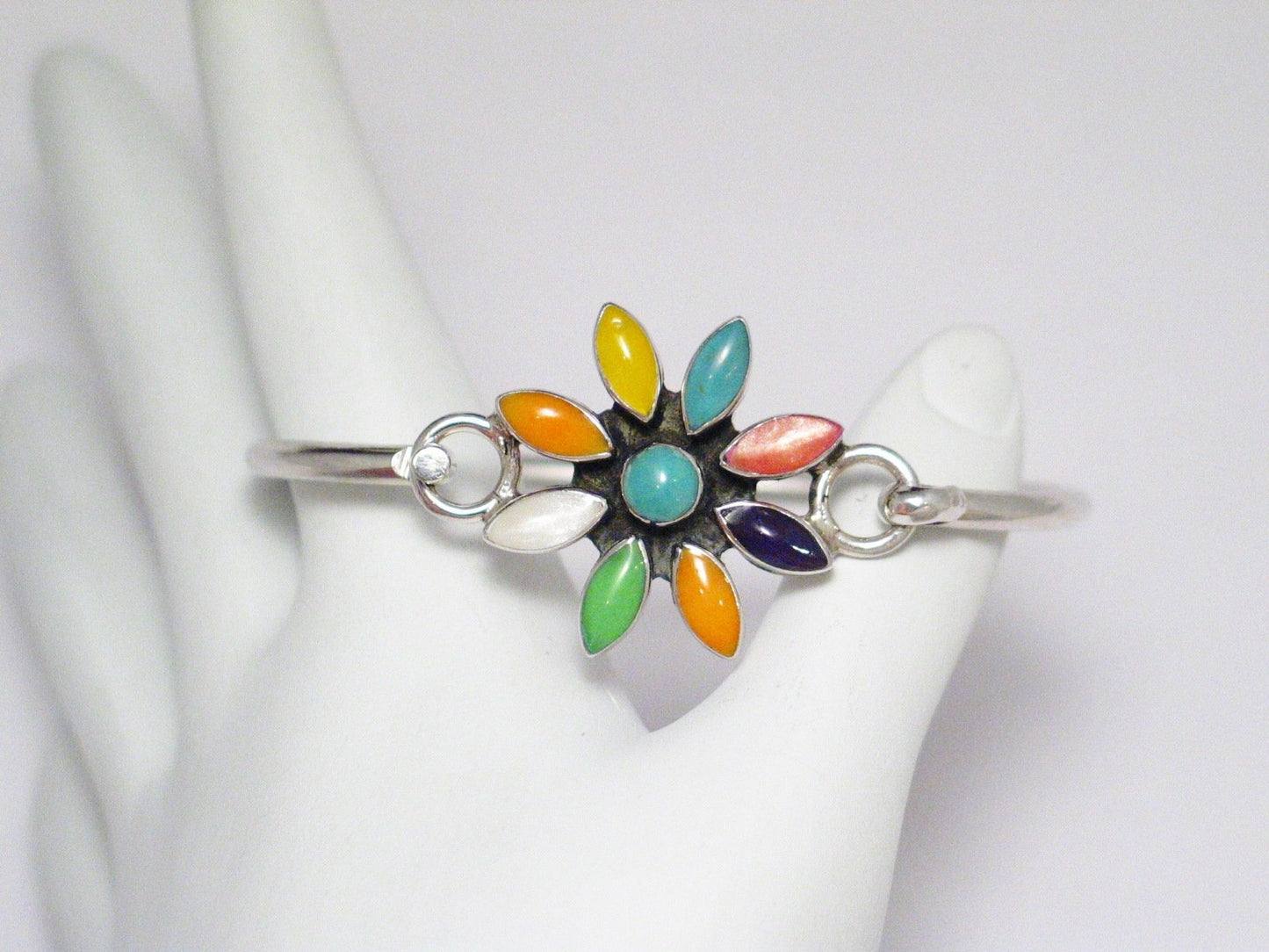 Bangle Bracelet, Sterling Silver Colorful Starburst Flower Design Bangle Bracelet