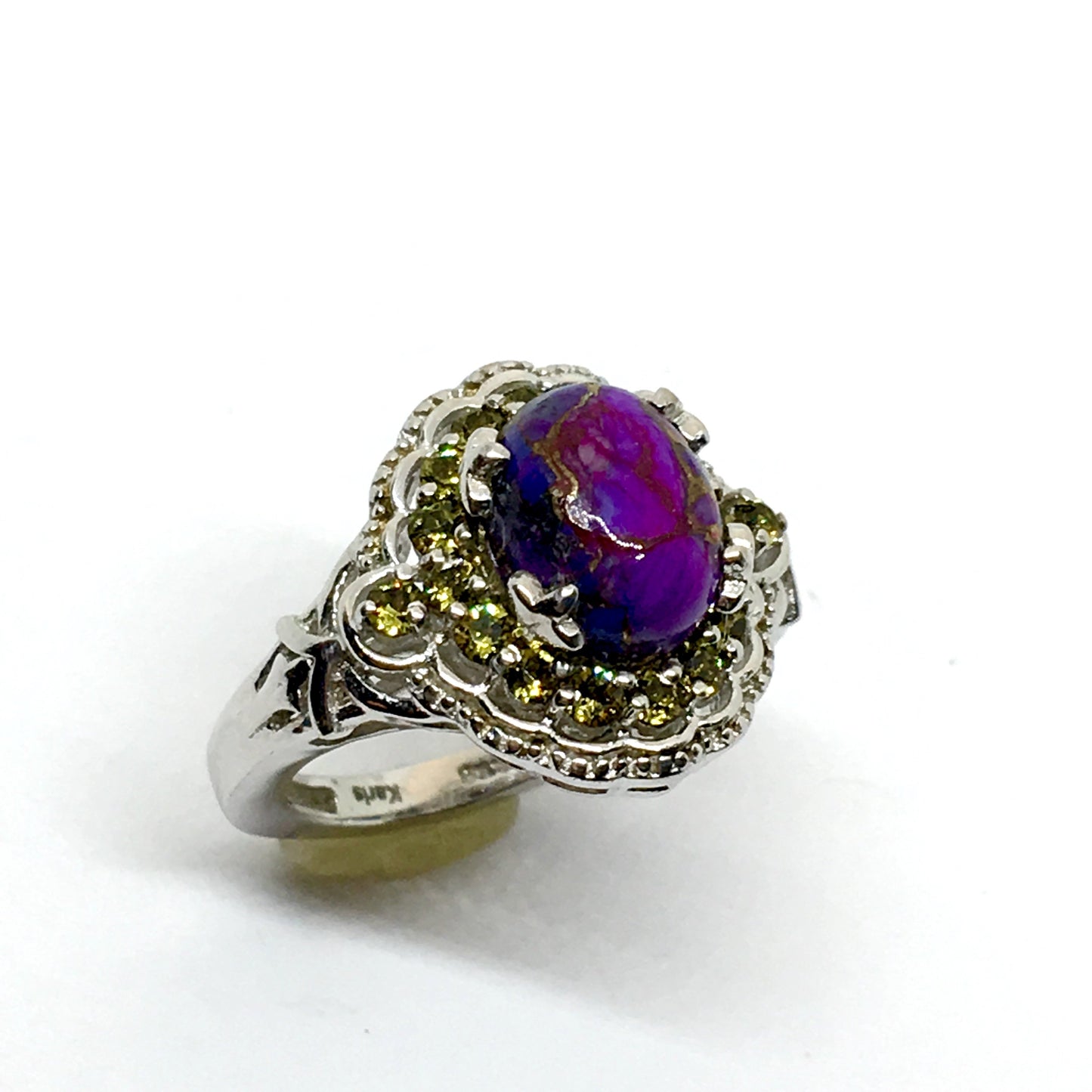 Silver Purple Turquoise Olive Gemstone Halo Ring 6.25 | Designer Karis