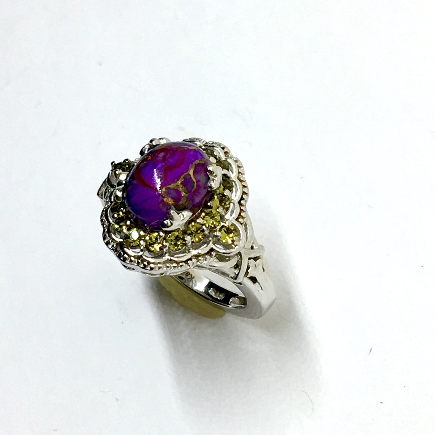 Silver Purple Turquoise Olive Gemstone Halo Ring 6.25 | Designer Karis