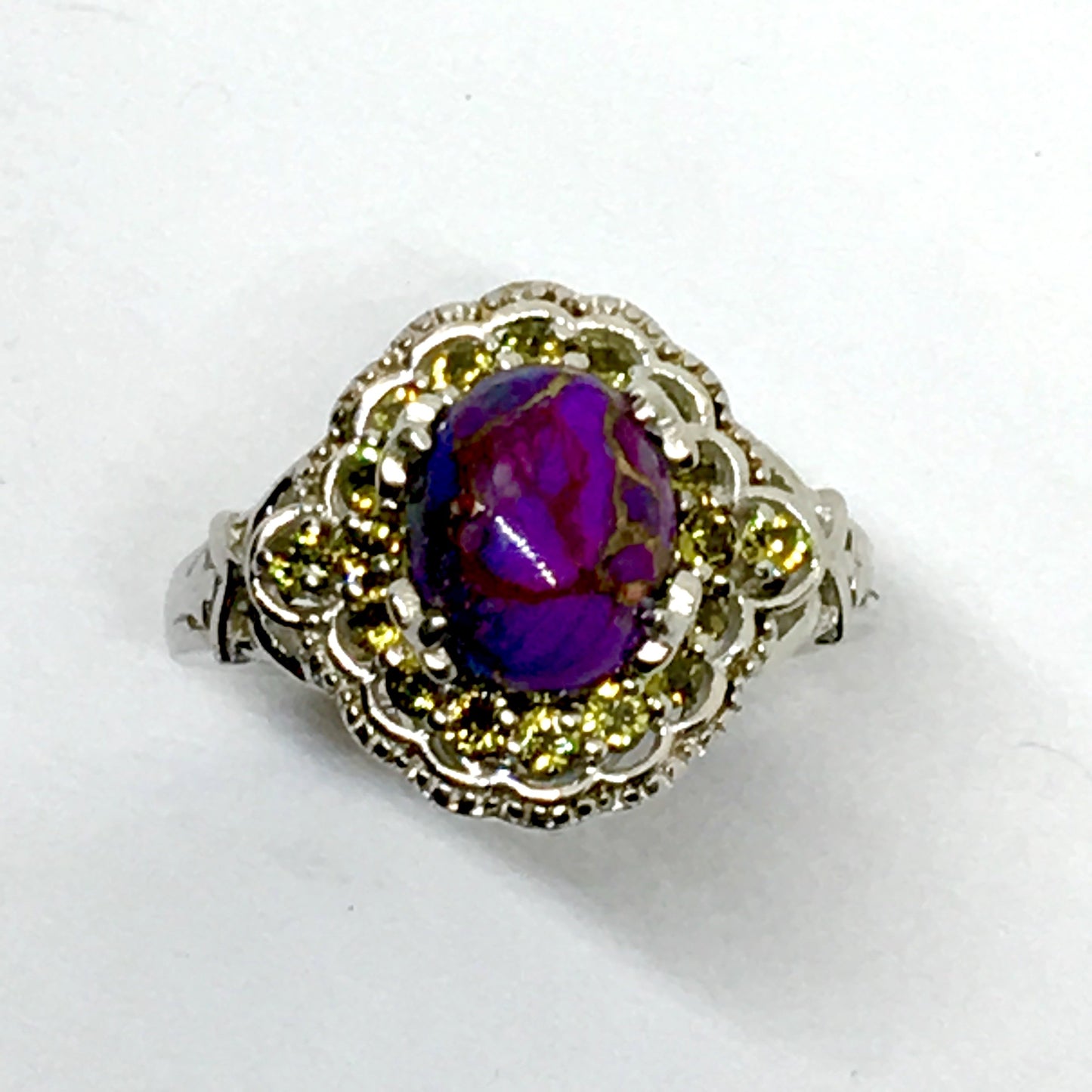 Silver Purple Turquoise Olive Gemstone Halo Ring 6.25 | Designer Karis