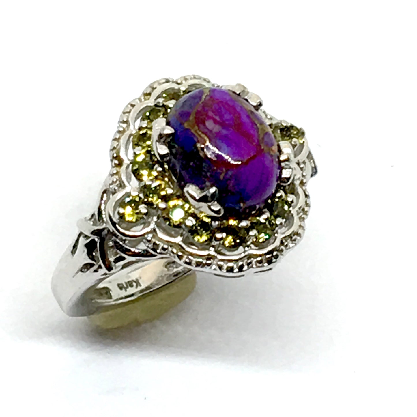 Silver Purple Turquoise Olive Gemstone Halo Ring 6.25 | Designer Karis