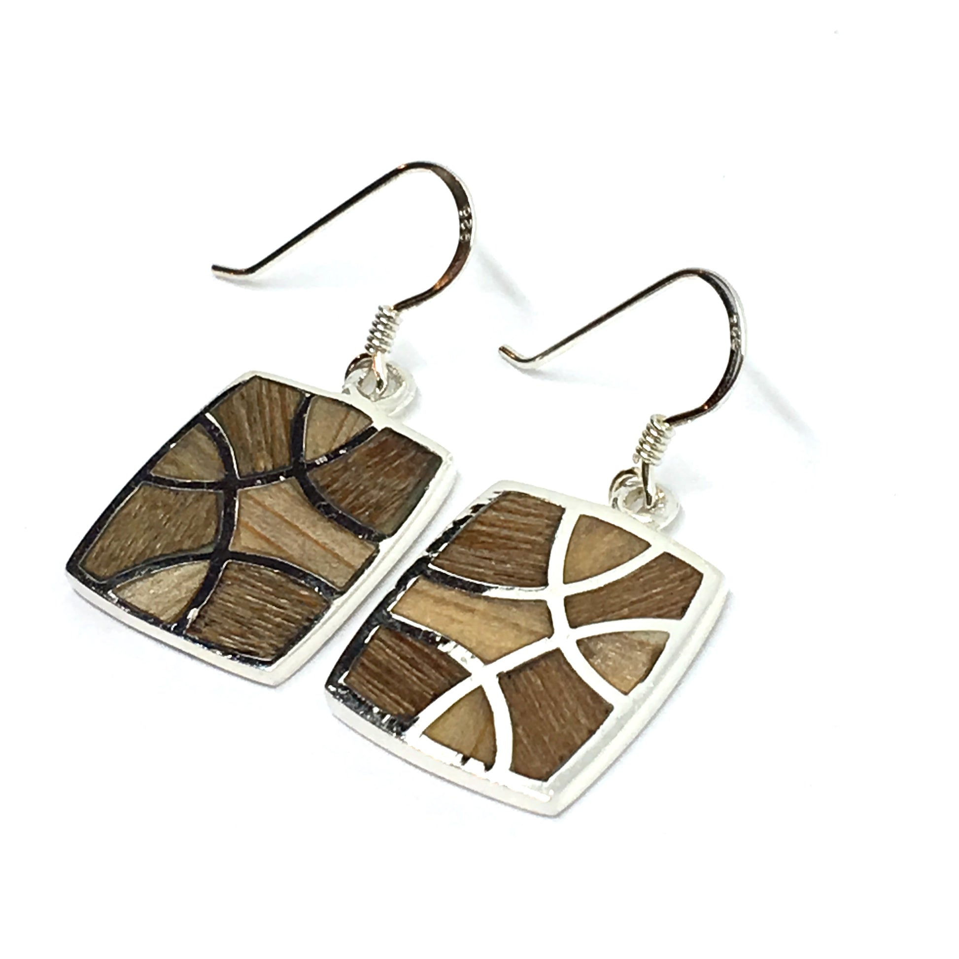 Accessories > Jewelry - Womens Sterling Silver Modern Art Wood Inlay Design Dangle Earrings