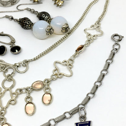 Costume Jewelry Lot | Necklace Bracelet Earrings & Ring Silver Tone w/ Stones