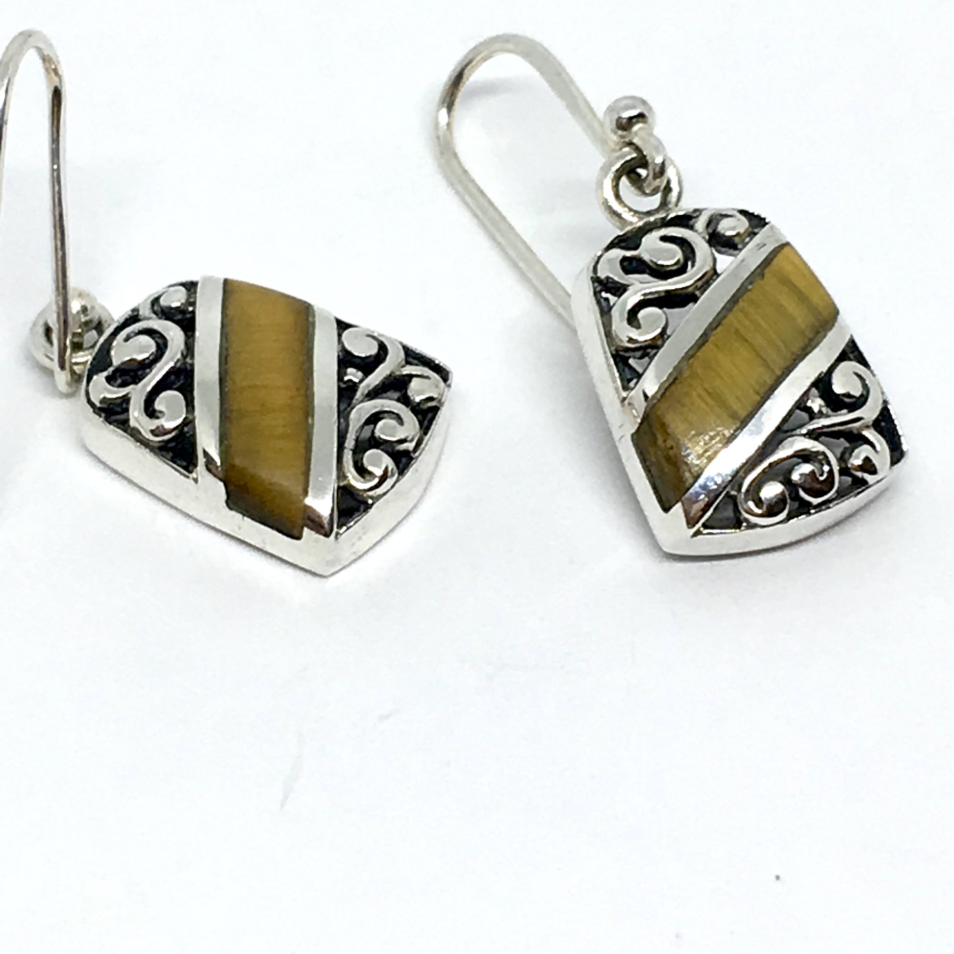 Dangle Earrings - Sterling Silver Golden Tigers Eye Drop Earrings - Fancy Filigree & Stone Earrings