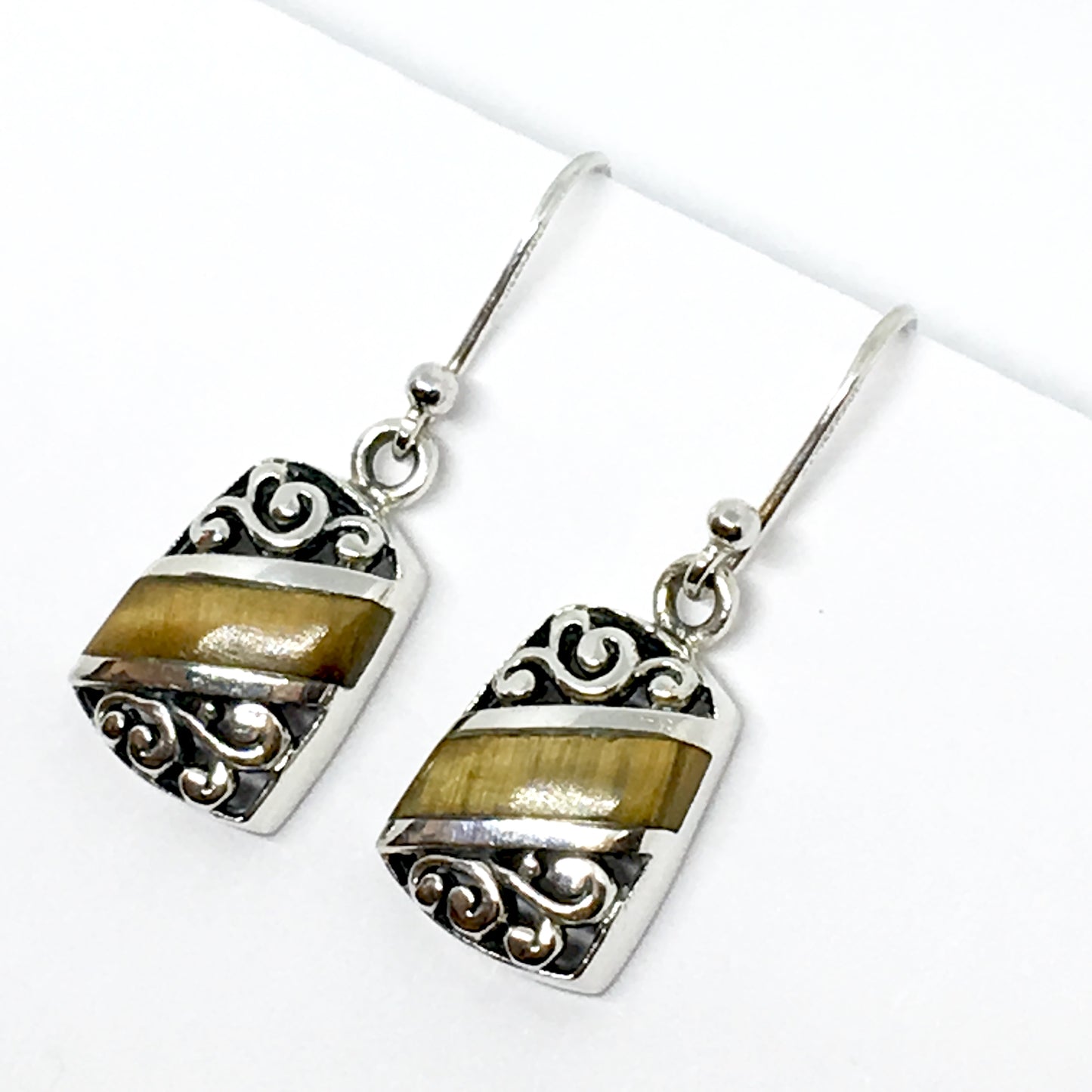 Earrings - Sterling Silver Golden Tigers Eye Stone Scrolling Cut-out Design Dangle Earrings