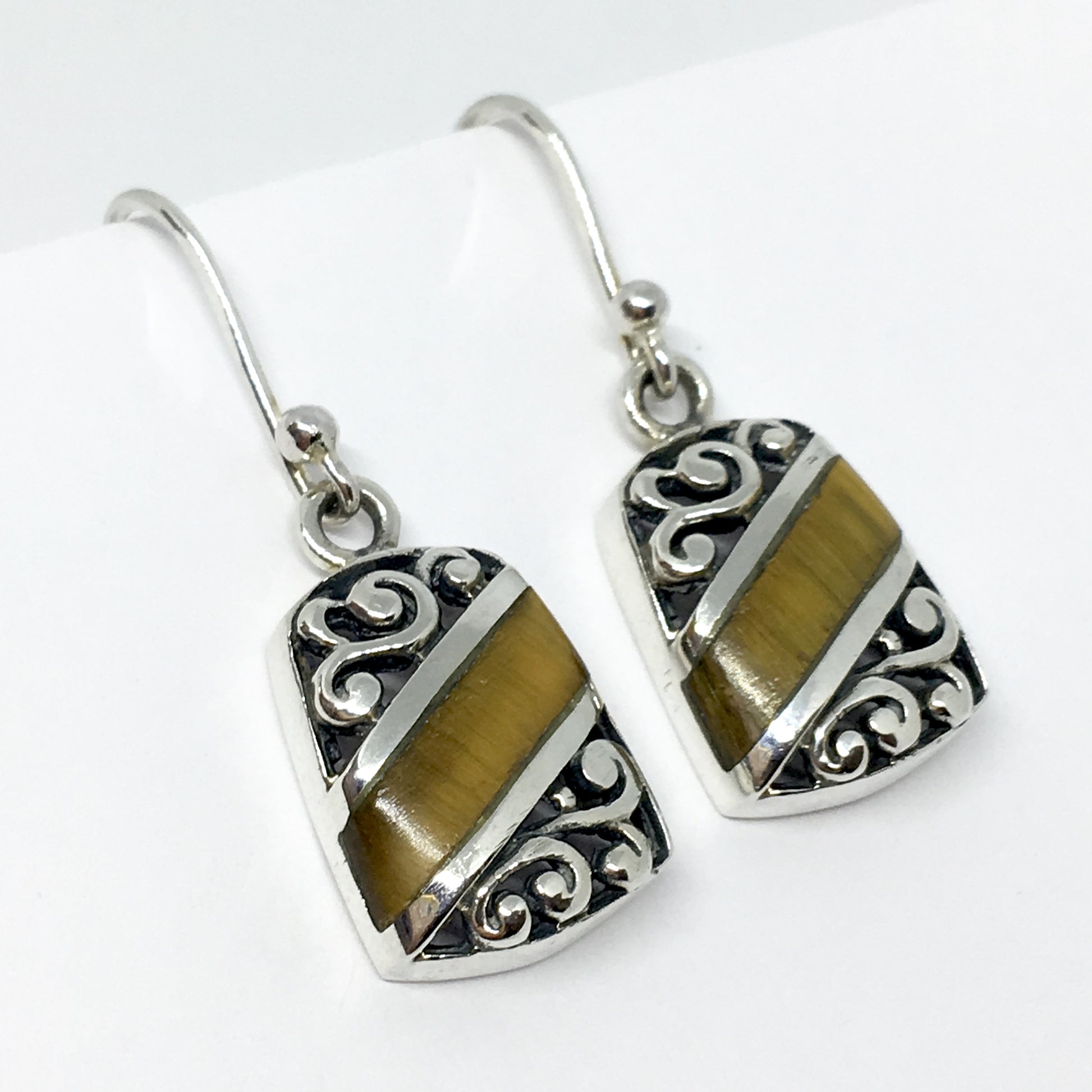 Earrings - Sterling Silver Golden Tigers Eye Stone Scrolling Cut-out Design Dangle Earrings - Blingschlingers.com USA