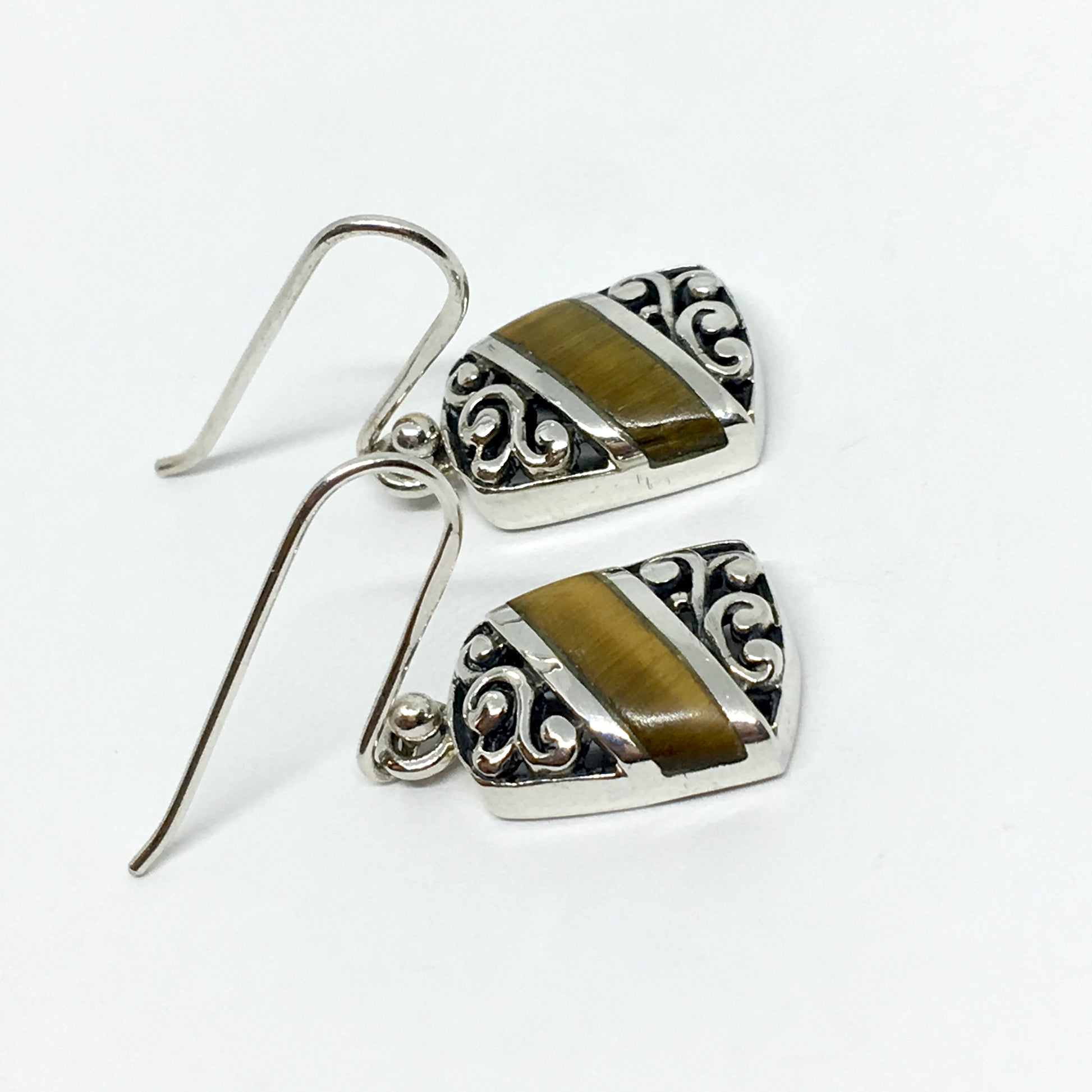 Earrings - Sterling Silver Golden Tigers Eye Stone Scrolling Cut-out Design Dangle Earrings