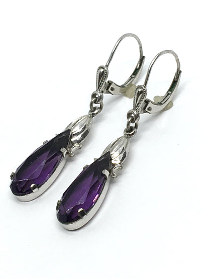 Earrings | Womens Amethyst Purple Glass Drop Earrings | Vintage Jewelry