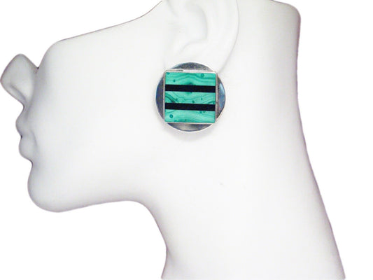 Big Stud Earrings, Sterling Silver Bold Geometric Circle, Square Design Green Malachite Stone Earrings