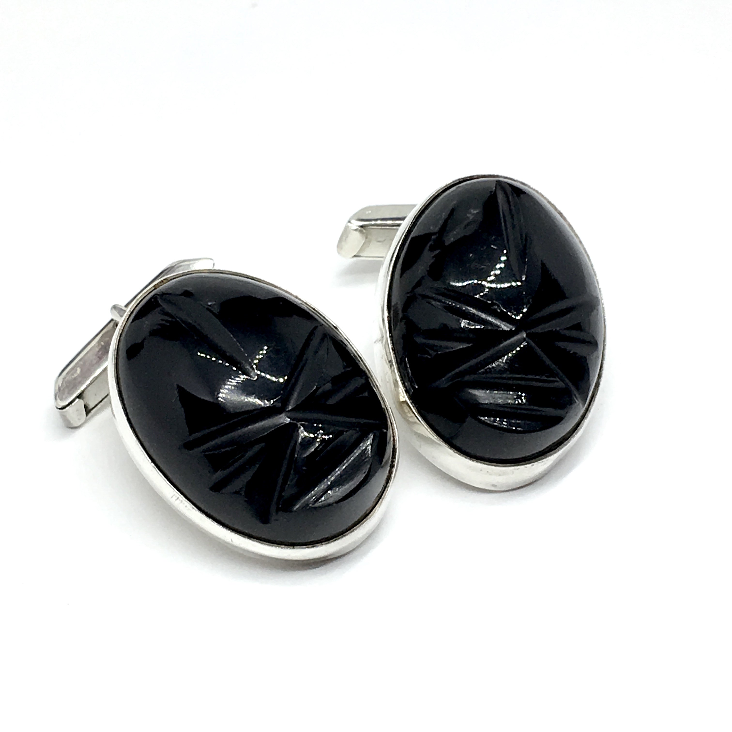 Mr. X Sterling buying Silver Cufflinks Oval Shape with Hematite Black Stone Marked