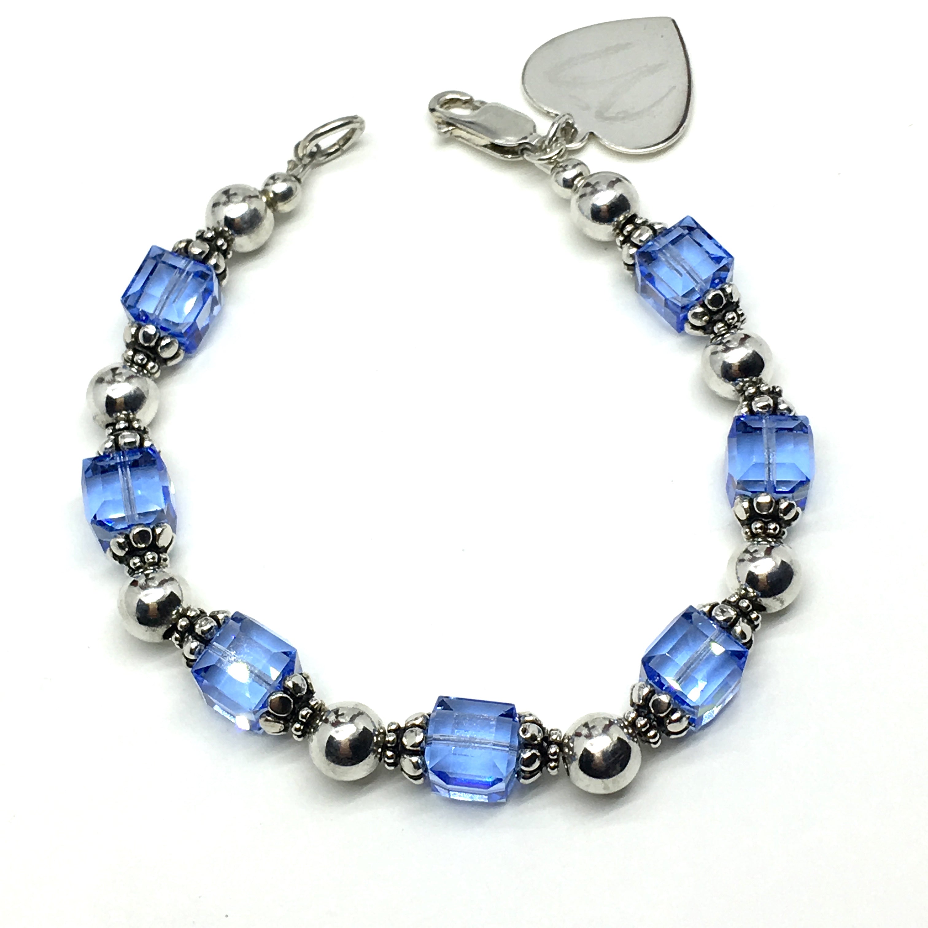 Sterling Silver Cornflower Blue Crystal Cube Beaded Bracelet 6.75