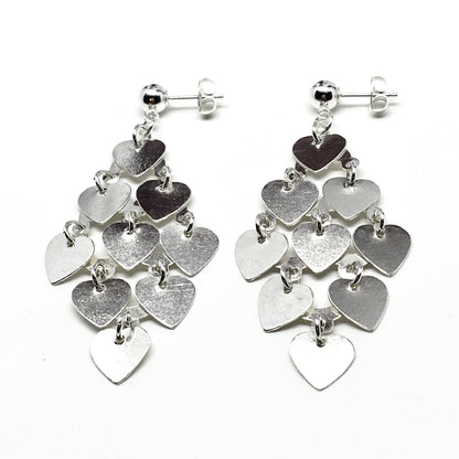 Dangle Earrings - Sterling Silver 2 3/8in Heart Waterfall Chandelier Earrings - Womens Fancy Long Waterfall Style Earrings | Blingschlingers