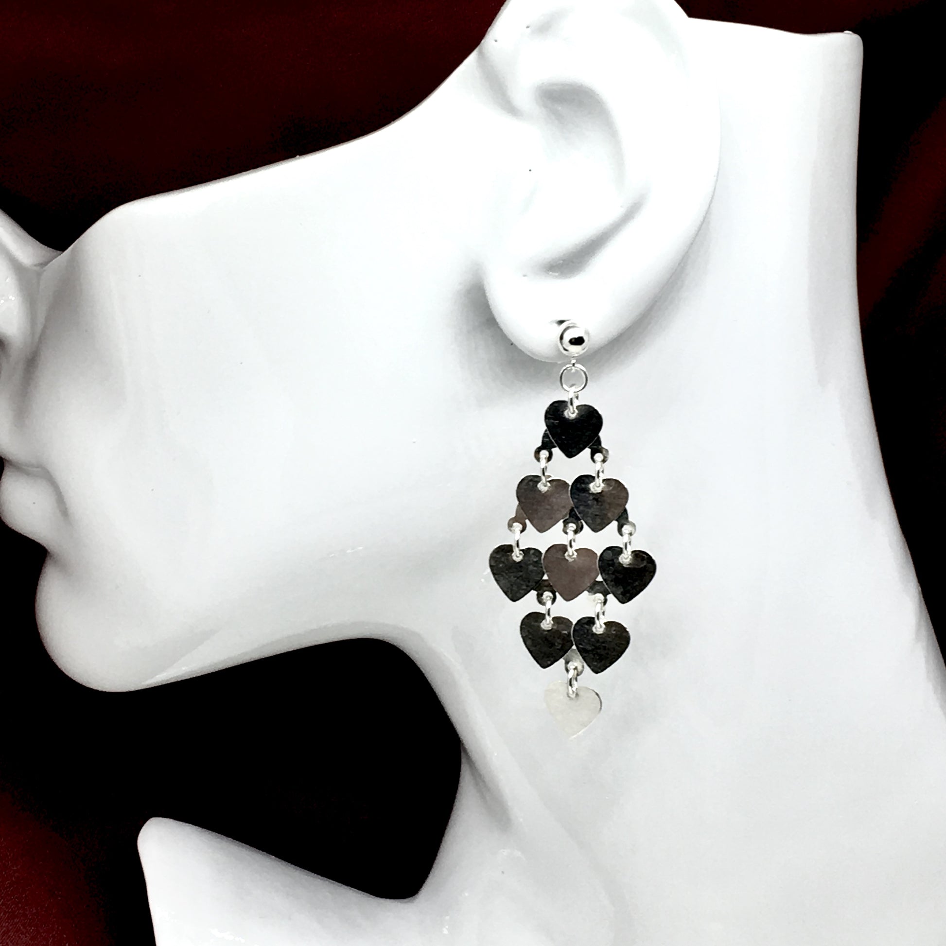 Dangle Earrings - Sterling Silver 2 3/8in Heart Waterfall Chandelier Earrings - Womens Fancy Long Waterfall Style Earrings