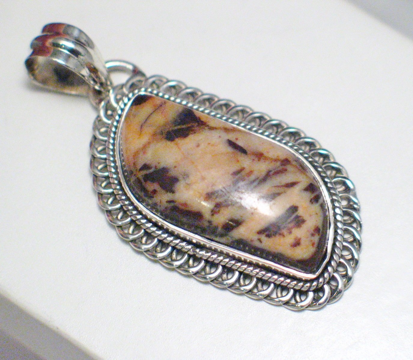 Stone Pendant, Sterling Silver Unique Mottled Mocha Agate Stone Pendant