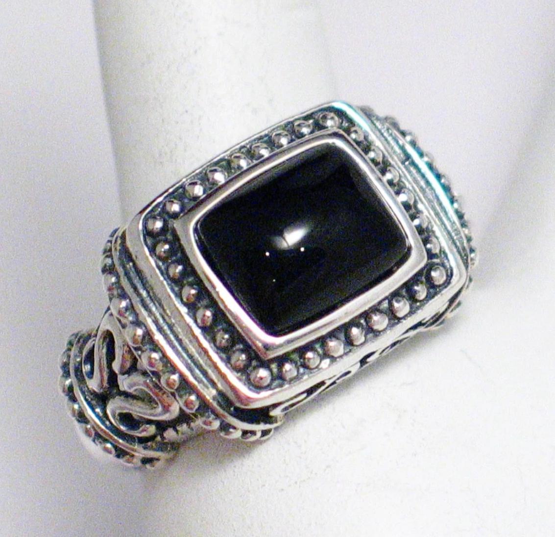 Stone Ring, Sterling Silver sz10 Wide Fancy Filigree Black Onyx Statement Ring