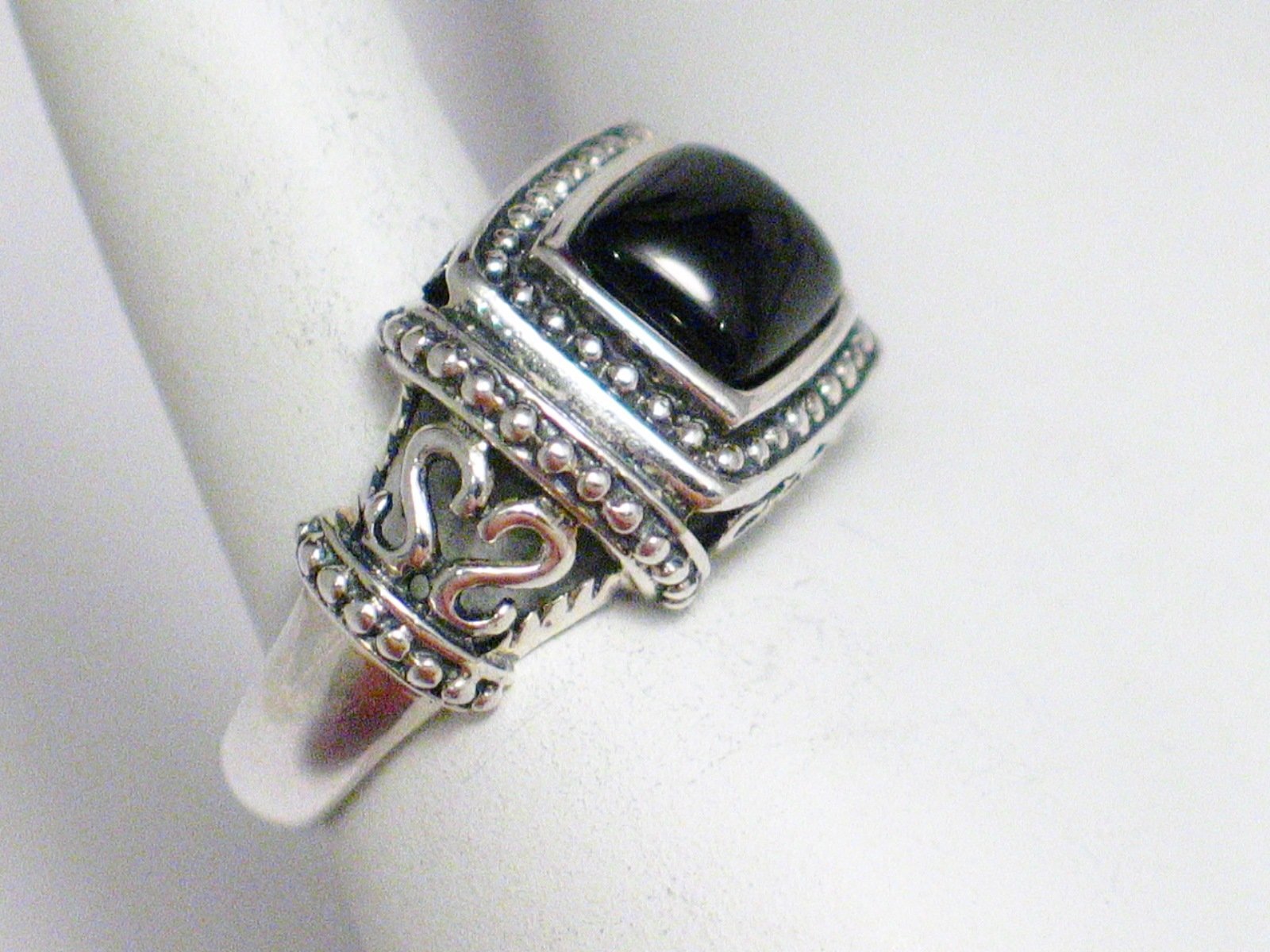 Stone Ring, Sterling Silver sz10 Wide Fancy Filigree Black Onyx Statement Ring