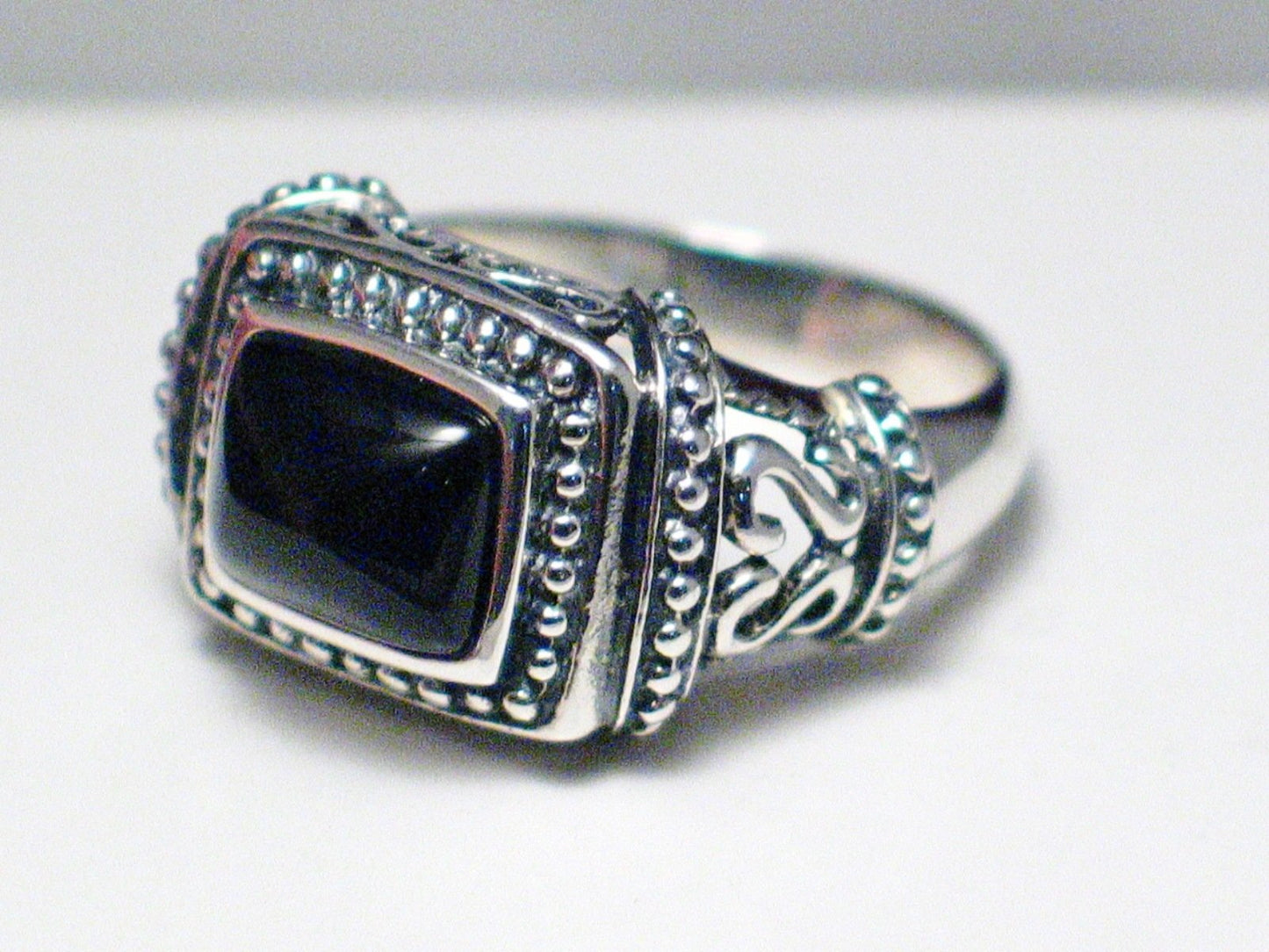 Stone Ring, Sterling Silver sz10 Wide Fancy Filigree Black Onyx Statement Ring