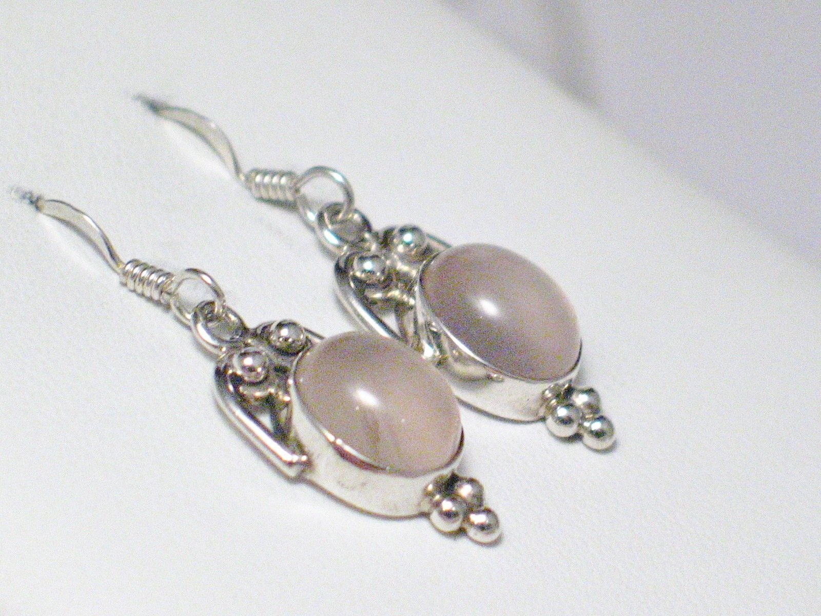 Dangle Earrings Sterling Silver Rose Quartz Stone Oval Cut Semi Ornate Style - Blingschlingers Jewelry