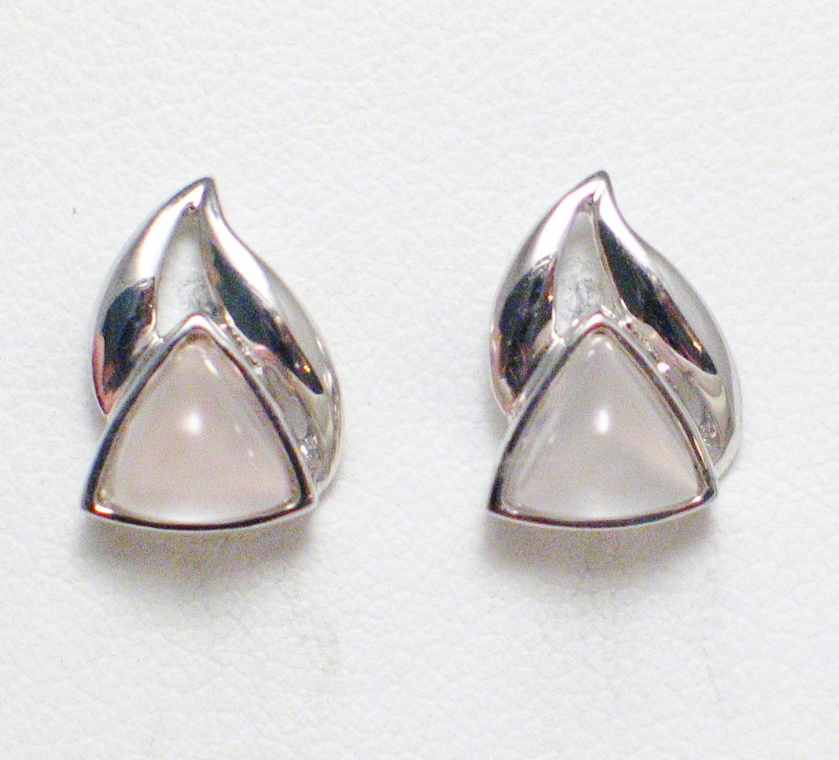 Stud Earrings, Sterling Silver Wavy Triangle Design Rose Quartz Stone Earrings