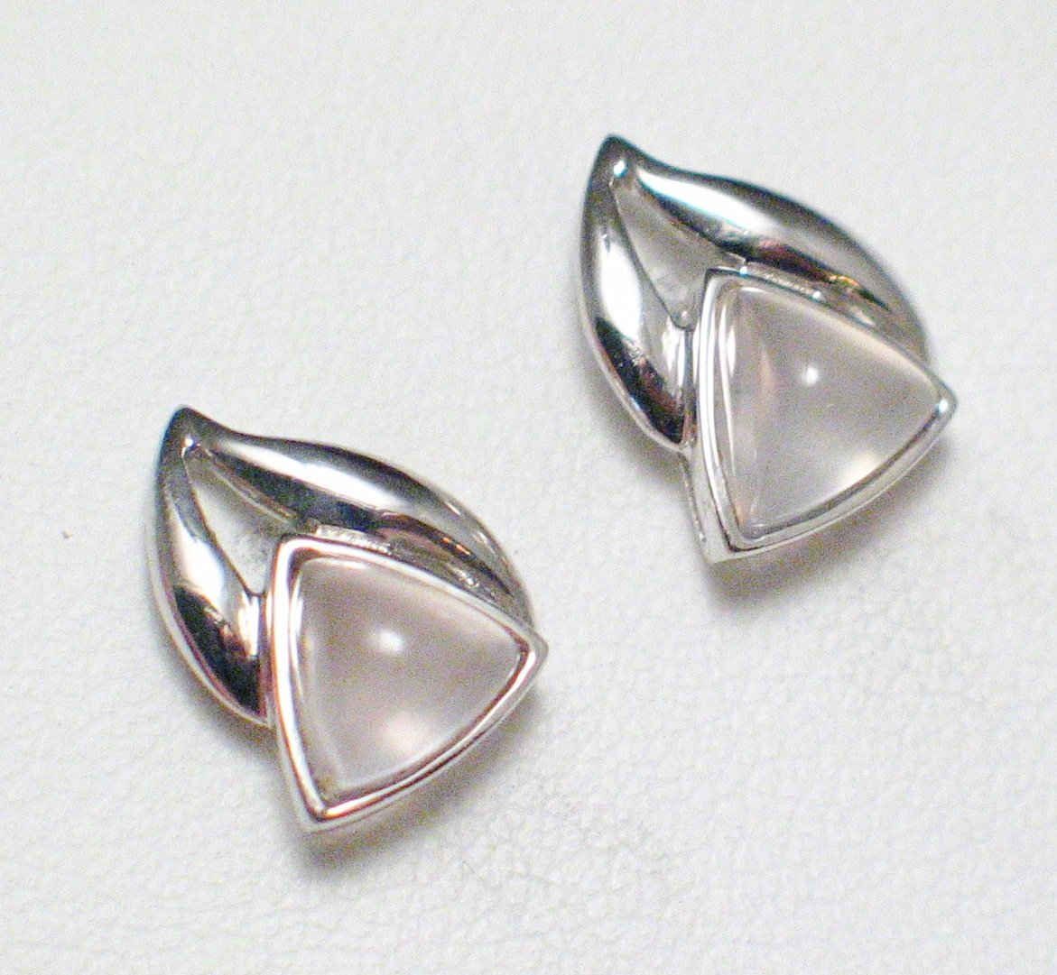 Stud Earrings, Sterling Silver Wavy Triangle Design Rose Quartz Stone Earrings