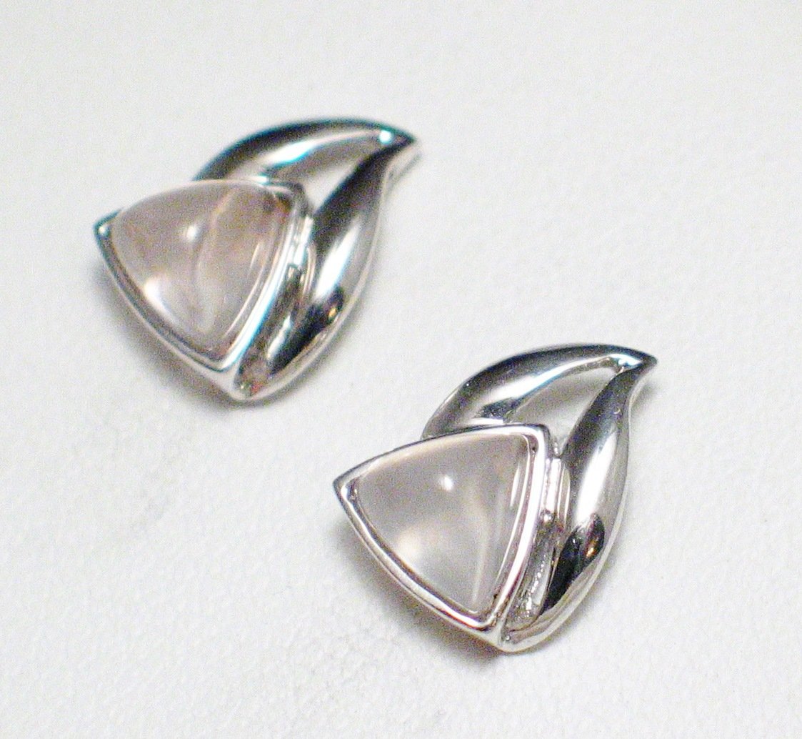 Stud Earrings, Sterling Silver Wavy Triangle Design Rose Quartz Stone Earrings