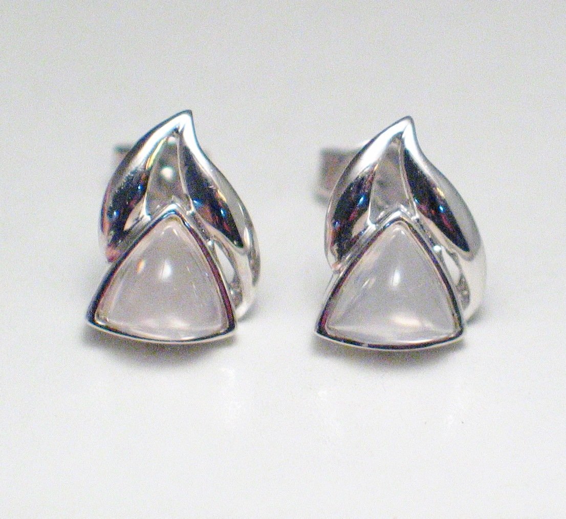 Stud Earrings, Sterling Silver Wavy Triangle Design Rose Quartz Stone Earrings