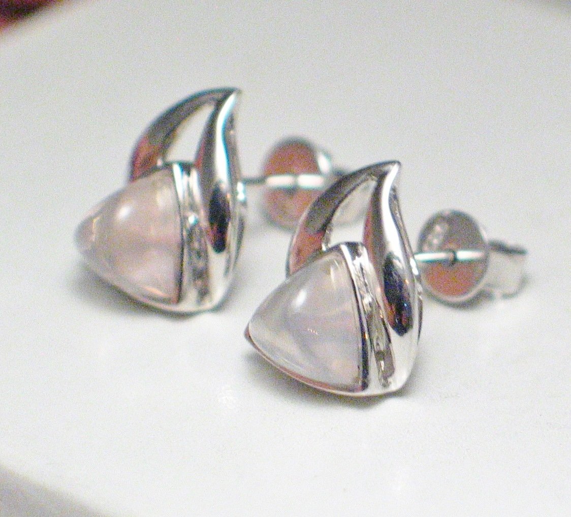 Stud Earrings, Sterling Silver Wavy Triangle Design Rose Quartz Stone Earrings