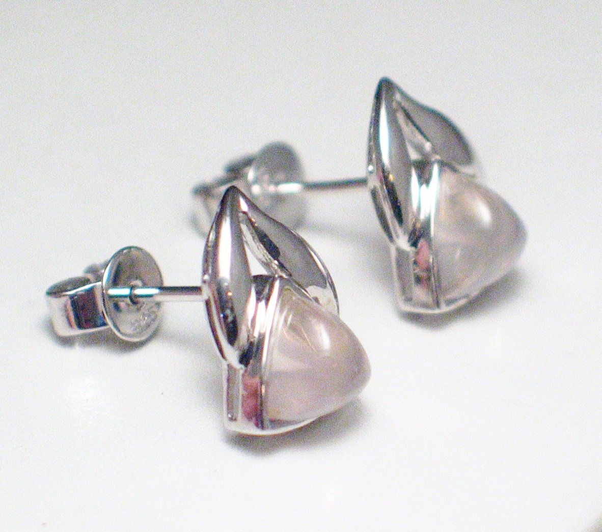 Stud Earrings, Sterling Silver Wavy Triangle Design Rose Quartz Stone Earrings