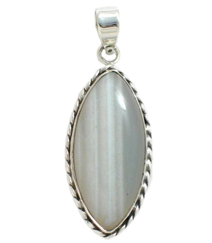 Stone Pendant, Mens Womens Edgy Style Shades of Gray Natural Banded Agate Stone Sterling Silver Pendant - Discount Jewelry