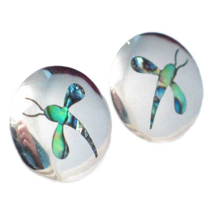 Clip-on Earrings, Sterling Silver Abalone Dragonfly Design Button Style Circle Earrings